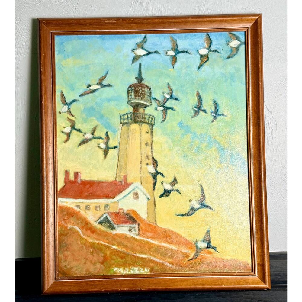 Vintage Original Lighthouse Painting Flying Seabirds Signed Coastal Wall Decor - Picture 4 of 14